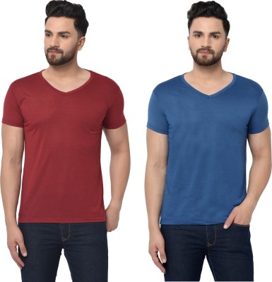 Behemoth Solid Men V Neck Dark Blue, Maroon T-Shirt