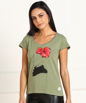 FLYING MACHINE Graphic Print Women Round Neck Green T-Shirt