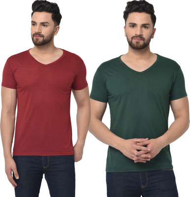 Adorbs Solid Men V Neck Dark Green, Maroon T-Shirt