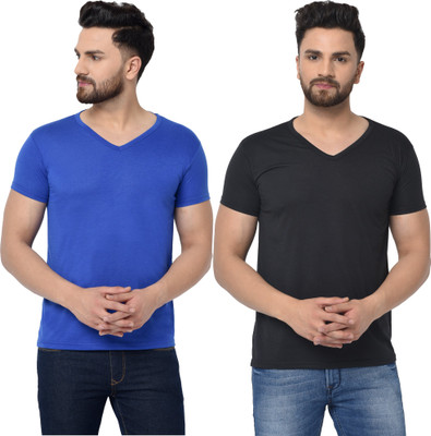 Tivy Solid Men V Neck Blue, Black T-Shirt