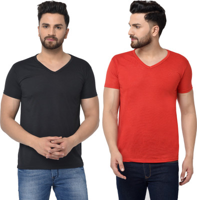 Tivy Solid Men V Neck Red, Black T-Shirt