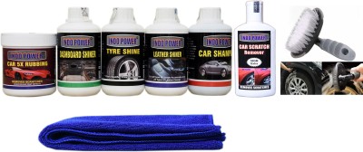 INDOPOWER CAR 5X RUBBING POLISH 250ml+ DASHBOARD SHINER 250ml+ TYRE SHINER 250ml+ LEATHER SHINER 250ml+CAR SHAMPOO 250ml+ scratch remover 200gm . car microfiber cloth+All Tyre Cleaning Brush Combo