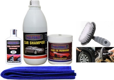 INDOPOWER CAR SHAMPOO 500ml+ CAR 5X RUBBING POLISH 250ml+ scratch remover 100gm. car microfiber cloth+All Tyre Cleaning Brush Combo