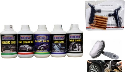 INDOPOWER CAR WAX POLISH 250ml+ DASHBOARD SHINER 250ml+ TYRE SHINER 250ml+ LEATHER SHINER 250ml+CAR SHAMPOO 250ml+ Tubelass smart Panchar Kit.+All Tyre Cleaning Brush Combo