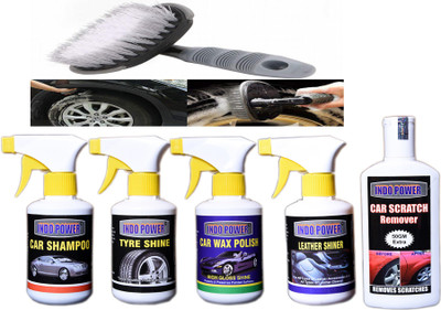 INDOPOWER TOP510-LEATHER SHINER GUN 250ml.TYRE SHINER GUN 250ml.+CAR SHAMPOO GUN 250ml.+SCRATCH REMOVER 200gm.+CAR WAX POLISH GUN 250ml.+All Tyre Cleaning Brush Car Washing Liquid(1300 ml)
