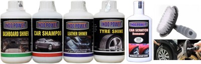 INDOPOWER DASHBOARD SHINER SPRAY 250ML+CAR WASH SHAMPOO 250ml+ TYRE SHINER SPRAY 250ml+ LEATHER SHINER SPRAY 250ml+ Scratch Remover 200gm.+All Tyre Cleaning Brush Combo