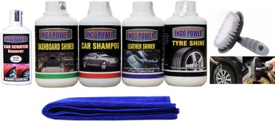 INDOPOWER DASHBOARD SHINER 250ML+CAR WASH SHAMPOO 250ml+ TYRE SHINER 250ml+ LEATHER SHINER 250ml+ scratch remover 100gm. car microfiber cloth +All Tyre Cleaning Brush Combo