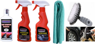 INDOPOWER TOP595-LEATHER SHINER SPRAY 250ml+ DASHBOARD SHINER SPRAY 250ml+ scratch remover 100gmcar microfiber cloth +All Tyre Cleaning Brush Car Washing Liquid(700 ml)