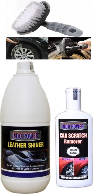 INDOPOWER TOP NEW622-LEATHER SHINER 1ltr+ Scratch Remover 200gm.+All Tyre Cleaning Brush TOP626 Vehicle Interior Cleaner(1300 ml)