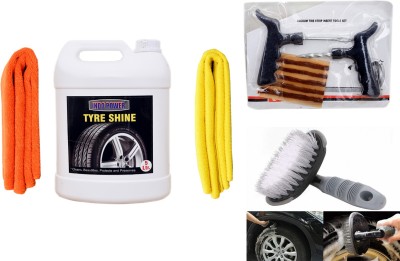 INDOPOWER TYRE SHINER 5ltr+ + 2PC CAR MICROFIBER CLOTH + Tubelass smart Panchar Kit.+All Tyre Cleaning Brush Combo