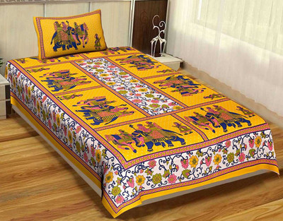 Jeevat 144 TC Cotton Single Jaipuri Prints Flat Bedsheet(Pack of 1, Yellow)