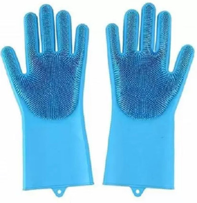 Awesome Look Blue Silicon gloves for bathroom and kitchen easy to wash kitchen items safety from cold water in winter season and summer Wet and Dry Glove(Free Size)