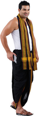 Prakasam Cotton Men's Black Panchakacham Readymade dhoti and towel set with pocket Solid Men Dhoti