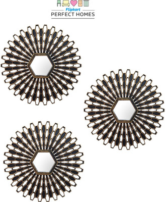 Flipkart Perfect Homes Stylish Round Floral Pattern Framed Wall Decor For Bedroom (10x10 Inch) Black Decorative Mirror(Decorative)