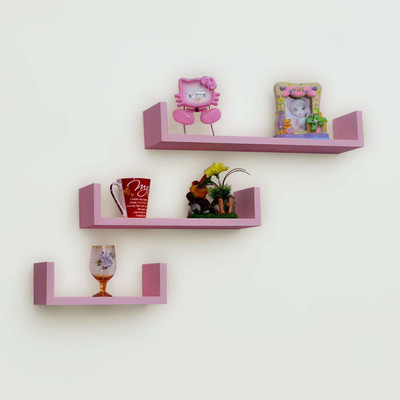 DreamyDesign RAG Solutions U-Shape MDF Floating Wall Shelves for Decoration and Wooden Wall Shelf(Number of Shelves - 3, Pink)