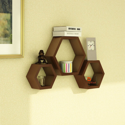 FIANAAF ENTERPRISE Hexagon Shape Set of 3 Floating Wall Shelves/Wall Shelf and Racks/Book Shelf MDF (Medium Density Fiber) Wall Shelf(Number of Shelves - 3, Brown)