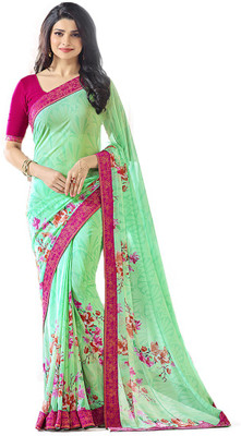 JVG CREATION Printed, Solid/Plain Bollywood Georgette, Chiffon Saree(Green, Pink)