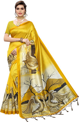 MISILY Printed Kanjivaram Poly Silk, Cotton Silk Saree(Beige, Yellow)
