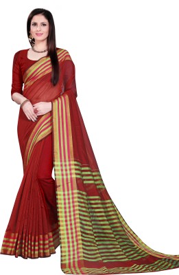 uma textiles Striped Bollywood Cotton Blend Saree(Red, Green)