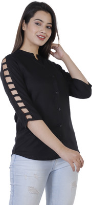 Silkova Casual Cutout Sleeve Solid Women Black Top