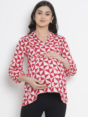 Mine4Nine Casual 3/4 Sleeve Geometric Print Women Pink Top