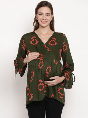 Mine4Nine Casual Bell Sleeve Floral Print Women Green Top