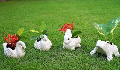 Bright Shop Handcrafted Ceramic Set of 4 , Swarn,Frog,Bird ,Rabbit Planter Pot, Ceramic Vase(2.5 inch, White)