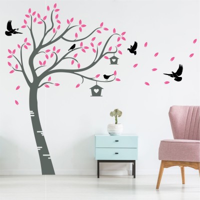 StickMe 60 cm Nature - Tree - Bird - Cage - Creative - Colorful - Wall Sticker-SM694 Self Adhesive Sticker(Pack of 1)