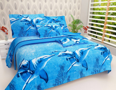 Nirisha 144 TC Polycotton Double 3D Printed Flat Bedsheet(Pack of 1, Blue)