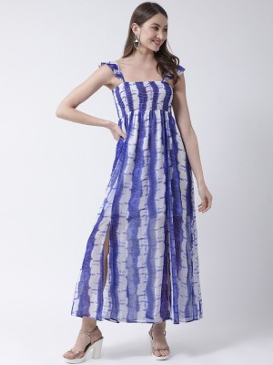 KASSUALLY Women Maxi White, Blue Dress