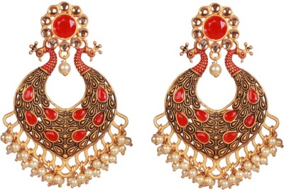 hena designs An Antique Gold-Plated Ruby Studded Peacock Shaped danglers Ruby Alloy Drops & Danglers, Earring Set