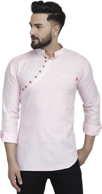 B BEN Men Solid High Low Kurta(Pink)