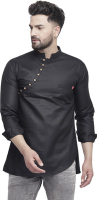 B BEN Men Solid High Low Kurta(Black)