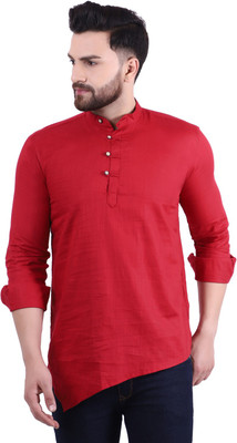 F2M Men Solid Asymmetric Kurta(Red)