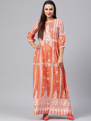 W Women Printed Straight Kurta(Pink)
