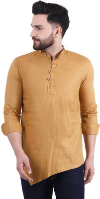 F2M Men Solid Asymmetric Kurta(Beige)