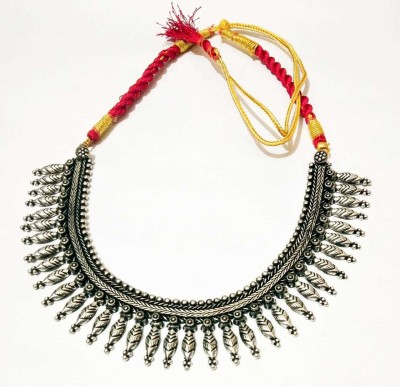 JDDCART Golden Maroon Thread Collar Necklace for women traditional dress and ethnic festival Necklace Silver Oxidised Metal Beads with thread for women fashion Brass Necklace