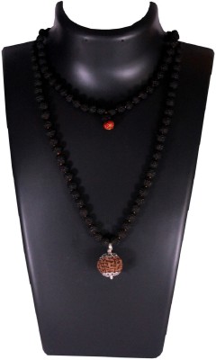 SHIVOHAM 4 Mukhi Guru Mani / Bead (5 Mukhi Black Rudraksha Mala) Silver Cap - Lab Certified Wood Necklace