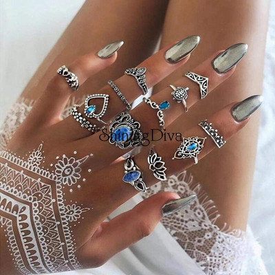 Shining Diva Set of 13 Boho Midi Finger Crystal Rings Alloy Ring