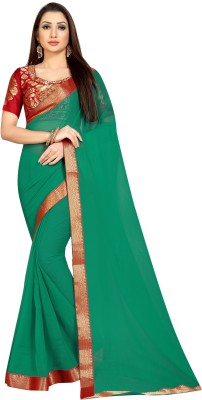 KV Fashion Printed Bollywood Cotton Blend, Chiffon Saree(Red, Green)