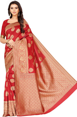 manvaa Embroidered Banarasi Cotton Silk Saree(Red)