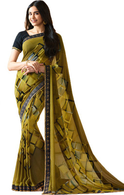 JVG CREATION Printed, Solid/Plain Bollywood Georgette, Chiffon Saree(Dark Green)