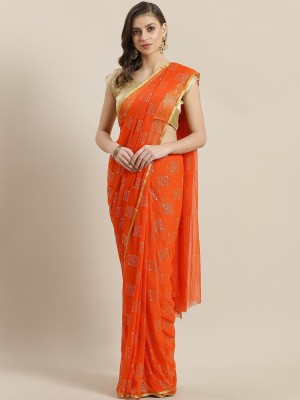 Ishin Printed Bollywood Chiffon Saree(Orange)