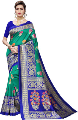 SAARA Printed Kanjivaram Cotton Silk Saree(Green, Blue)