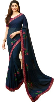 Bombey Velvat Fab Printed Daily Wear Georgette, Dupion Silk Saree(Dark Blue)