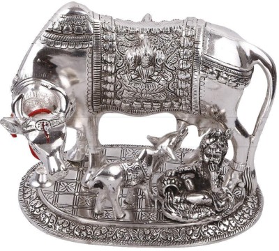 Delhi Gift House Kamdhenu Cow & Calf Holy Wishing Fulfilling Gomata Statue Metal Decorative Showpiece - 17 cm (Aluminium, Silver) Decorative Showpiece  -  13 cm(Aluminium, Silver)