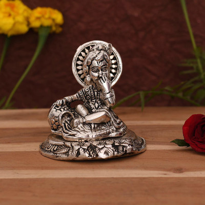 Collectible India Lord Krishna Idol Krishan Statue Laddu Gopal Makhan Chor Krishna Statue Idol - Bal Gopal Murti for Puja Gifting Home Decoration Decorative Showpiece - 10.5 cm(Aluminium, Silver)