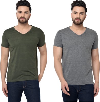 Jangoboy Solid Men V Neck Dark Green, Grey T-Shirt