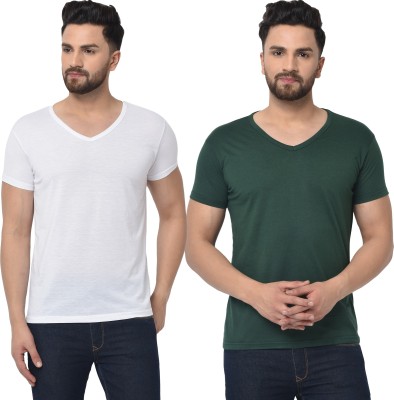 Behemoth Solid Men V Neck Dark Green, White T-Shirt