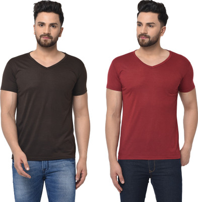 Jangoboy Solid Men V Neck Brown, Maroon T-Shirt